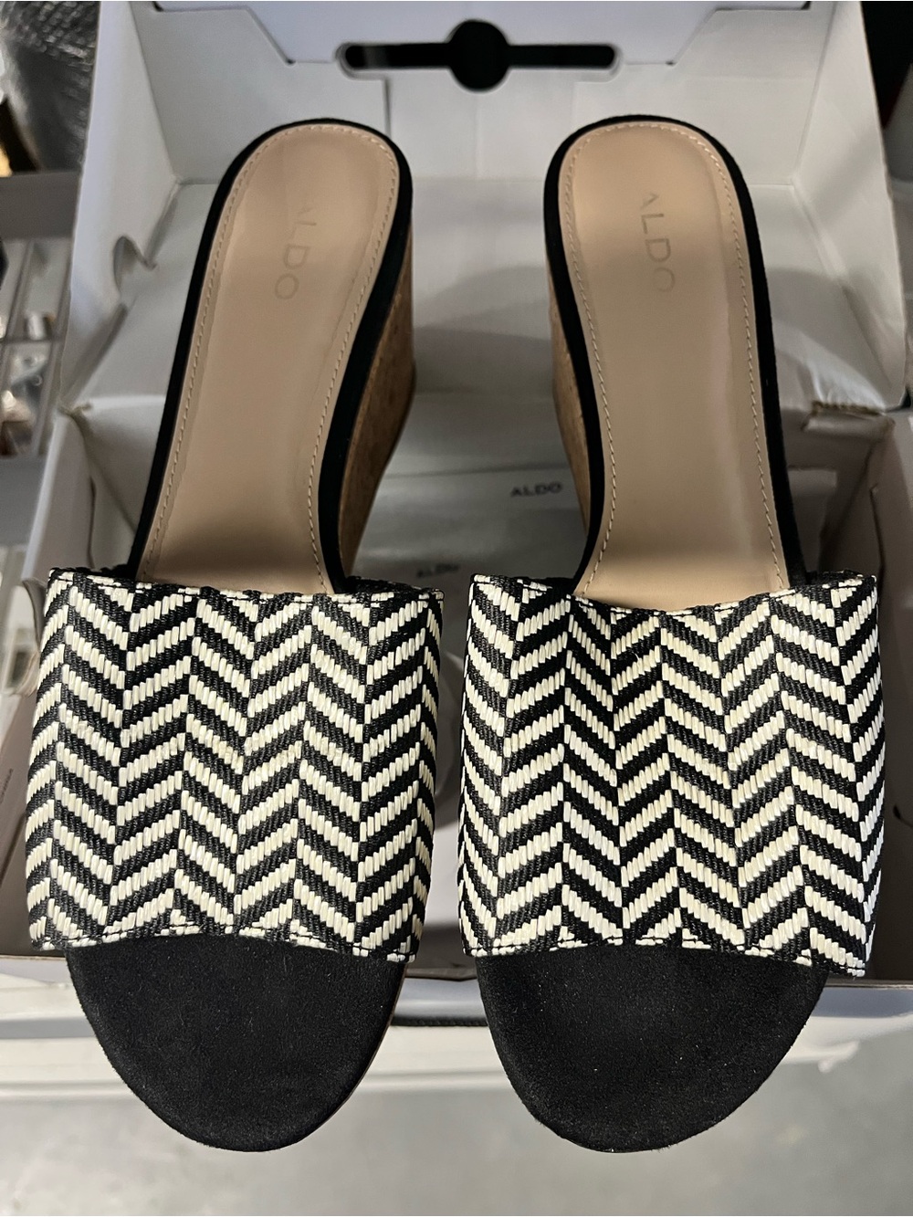 Aldo Black and White Chevron Wedge Slide Mules